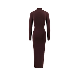 Slim fit long sleeve dress in chocolate brown with back slit and elegant tailoring
