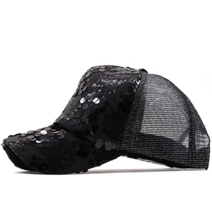 Detail of breathable black mesh and shiny sequin embroidery on this stylish baseball cap