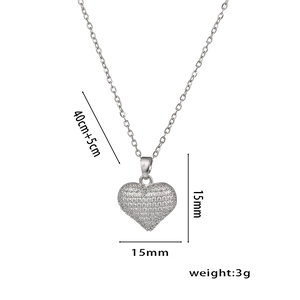 Polished silver heart pendant necklace with rhinestones, 40+5cm chain, 15mm width