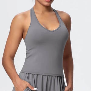 Close-up of gray V-neck sports bra with slim fit and high elasticity for yoga and fitness