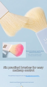 Detail view of 6-piece portable makeup brush set with soft bristles and matte white handles