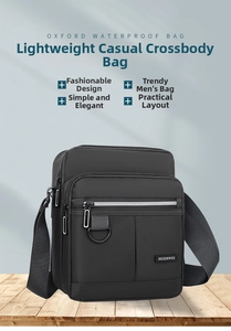 Close-up of waterproof black oxford crossbody bag featuring dual zippers and adjustable strap