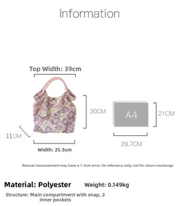 Detailed dimension chart of floral tote bag showing 39cm width and interior pocket layout