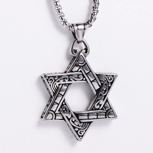 Detailed close-up of vintage stainless steel hexagram pendant with engraved scrolls