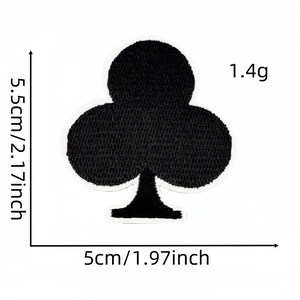 Detailed view of black club embroidered patch with dimensions 5.5cm by 5cm shown clearly