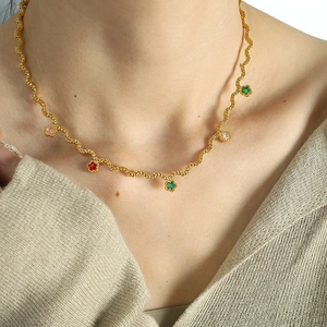 Elegant gold wave chain necklace with colorful zircon pendants for women everyday wear