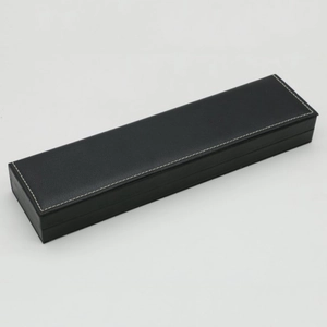 Rectangular black PU leather watch box with elegant white stitching and flip cover lid