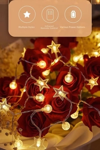 Solar star string lights with remote control nestled in red roses for garden decor
