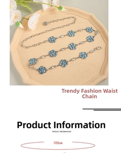 Detail view of silver metal waist chain with sky blue flowers and rhinestones, length 105cm