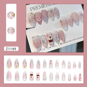 Unghie finte rosa e argento con graffiti a cuore, nastri 3D e perle, set da 24pz