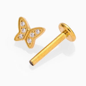 G23 titanium golden butterfly labret stud with zircon stones and flat back design