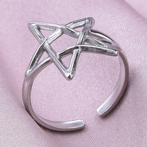 Detailed close-up of hollow star design on adjustable silver stainless steel ring
