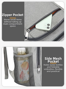 Detail view of the outdoor backpack with a front zipper pocket and side mesh pocket