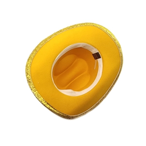 Yellow felt cowboy hat with sparkling gold sequin brim for festive party costume decoration