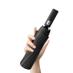 Black 24-rib automatic folding umbrella with windproof frame and UV protection handle