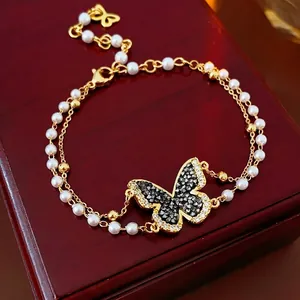 Double Layer Butterfly Artificial Pearl Bracelet Gold Plated Copper Rhinestone Zircon Vintage Jewelry For Women Elegant Accessory