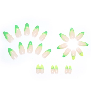 Almond-shaped press-on nails with 24pcs nude base and neon green wavy French tips