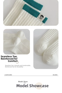 Detailed macro view of seamless toe and reinforced knit on white ribbed crew socks