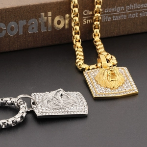 Hip hop style gold and silver square lion head pendants with sparkling rhinestones