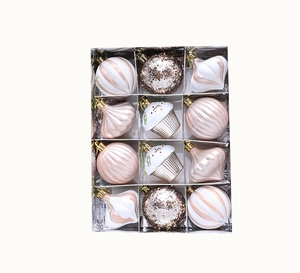 Detailed set of 12 mixed pink and white Christmas ornaments in a silver gift box