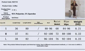 Detailed size chart for the backless glitter two-piece skirt set in coffee brown color