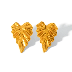 Minimalist 18k gold plated stainless steel leaf stud earrings with leaf texture details