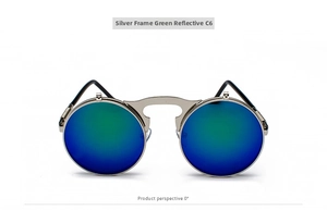 Detail view of silver steampunk flip-up sunglasses with green reflective round lenses