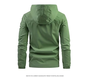 Back view of a green waterproof windbreaker jacket with a fixed hood and elastic cuffs