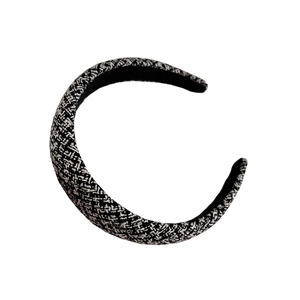 Elegant thick black and white tweed sponge headband with textured houndstooth pattern