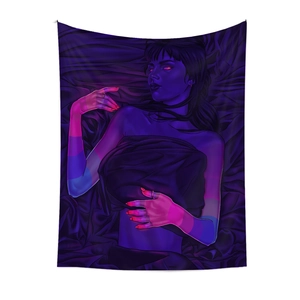 Detail of artistic cyberpunk woman printed on polyester tapestry for room decoration