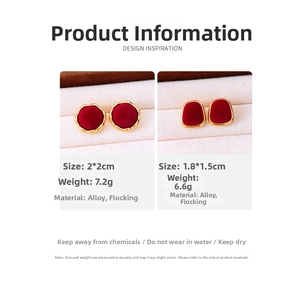 Detail view of red flocked geometric earrings with gold alloy edges and size parameters