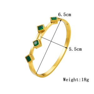 Golden titanium steel open bracelet with square green gemstones and size dimension tags