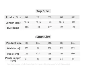 Size chart for women silk pajama set showing top and pants measurements from 1XL to 5XL
