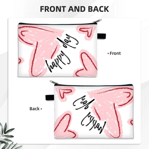 Front and back view of white Valentine's Day heart print cosmetic storage bag