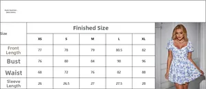 Detailed size chart for blue floral tiered dress with bust and waist measurements