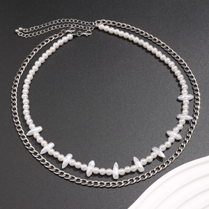 Double layered men's hip hop necklace with silver NK chain and irregular white pearls