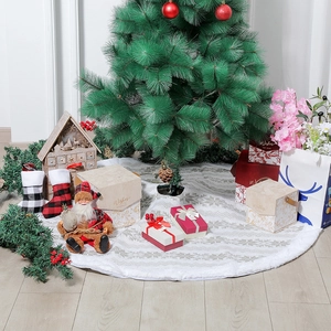 48 inch snowflake knit Christmas tree skirt with plush trim and festive decor