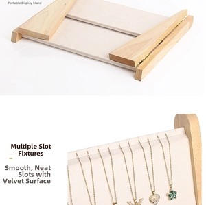 Detail of velvet necklace display stand with multiple slots and folding wooden support