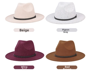 Four classic wide-brim wool fedora hats in beige, grey, wine red, and reddish brown