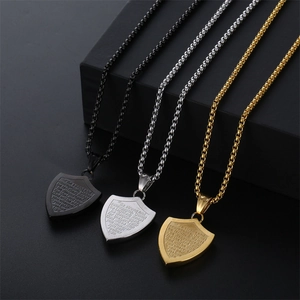 Stainless steel shield cross necklaces in black, silver, and gold with Bible verses
