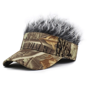 Creative camouflage baseball cap featuring short silver-grey wig hair on the top crown