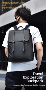 Outdoor low-angle view of a black flap backpack with dual metal buckle straps and side pocket