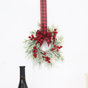 30cm Christmas wreath with red berries, pine needles, and red black plaid bow