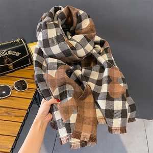 Brown and beige plaid cashmere-like scarf with fringe detail and soft woven texture