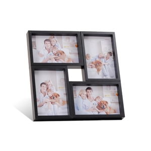 Close-up of a modern black 4-opening collage picture frame with a windmill layout design