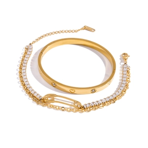 Gold stainless steel bangle and multi-layer chain bracelet set with white zircon stones