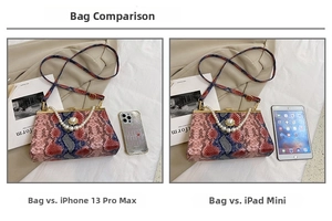 Comparaison détaillée de la taille du sac à main serpent avec iPhone 13 Pro Max et iPad