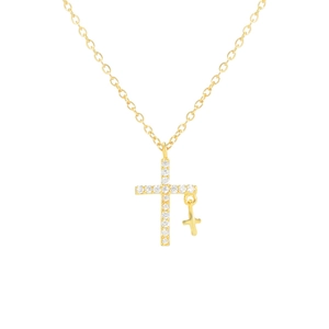 Collar dorado minimalista con estrella de circón y colgante de cruz en fondo blanco