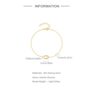 Macro detail of S925 sterling silver bracelet with oval zirconia and dimensions info