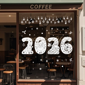 White Christmas window stickers with 2025 reindeer and snowflakes on coffee shop glass